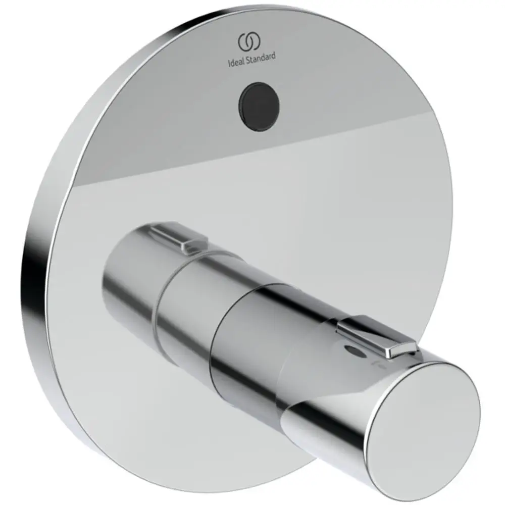 Sensorarmatur in Chrom-Finish von Ideal Standard. Rundes Wandpaneel mit einem zentralen Bedienknopf und einem betrieblichen Sensor zur Temperaturregelung.